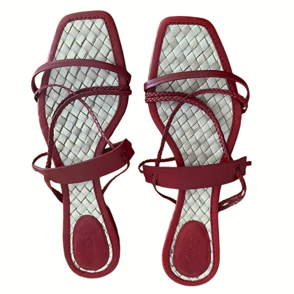 GUCCI Leather Strapped Braided Flat Sandals Mules Raffia Soles - EUC, 38.5C /US8